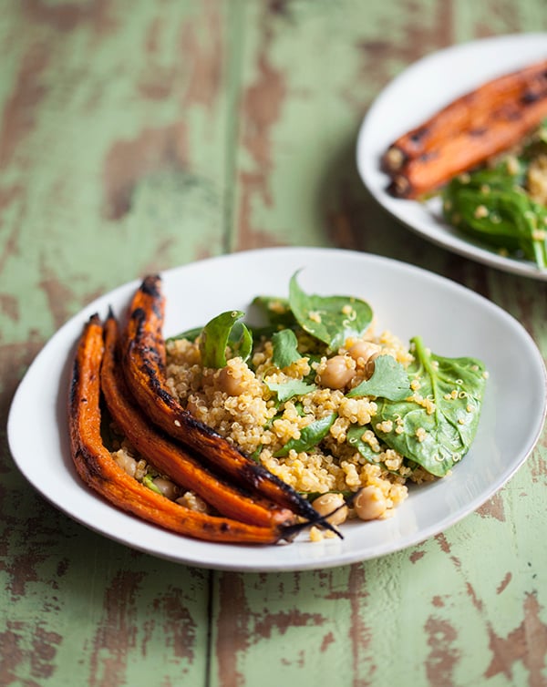 Quinoa, Carrot, and Spinach Salad with Spicy Carrot Chili Vinaigrette