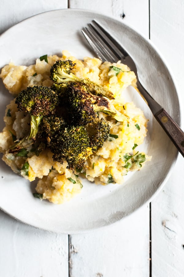 Cheesy Vegan Roasted Broccoli with Smashed Root Vegetables