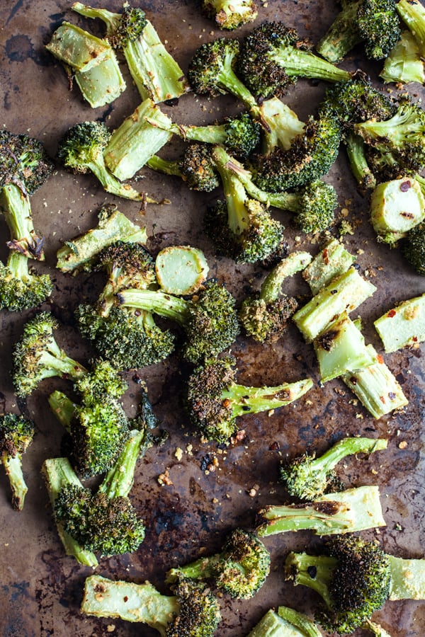 Cheesy Vegan Roasted Broccoli with Smashed Root Vegetables