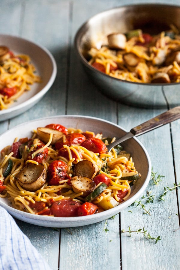 Summer Pasta with Mushroom Scallops, Burst Cherry Tomatoes & Zucchini