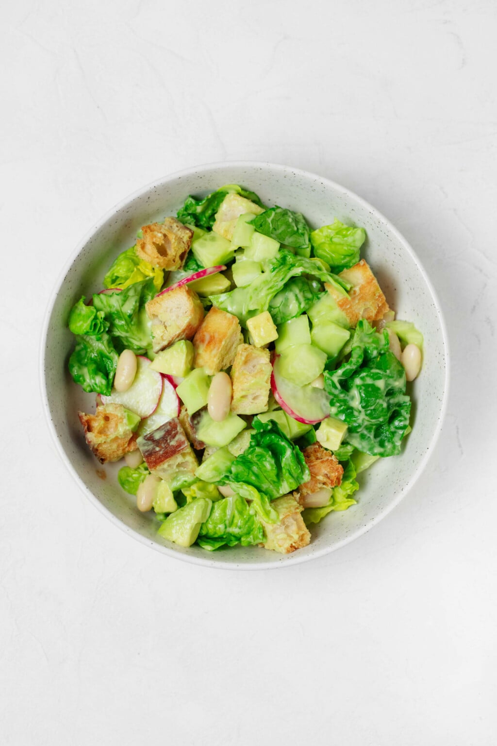 An overhead image of a white bowl, which is filled with lettuces, white beans, radishes, avocado, and a creamy green dressing.