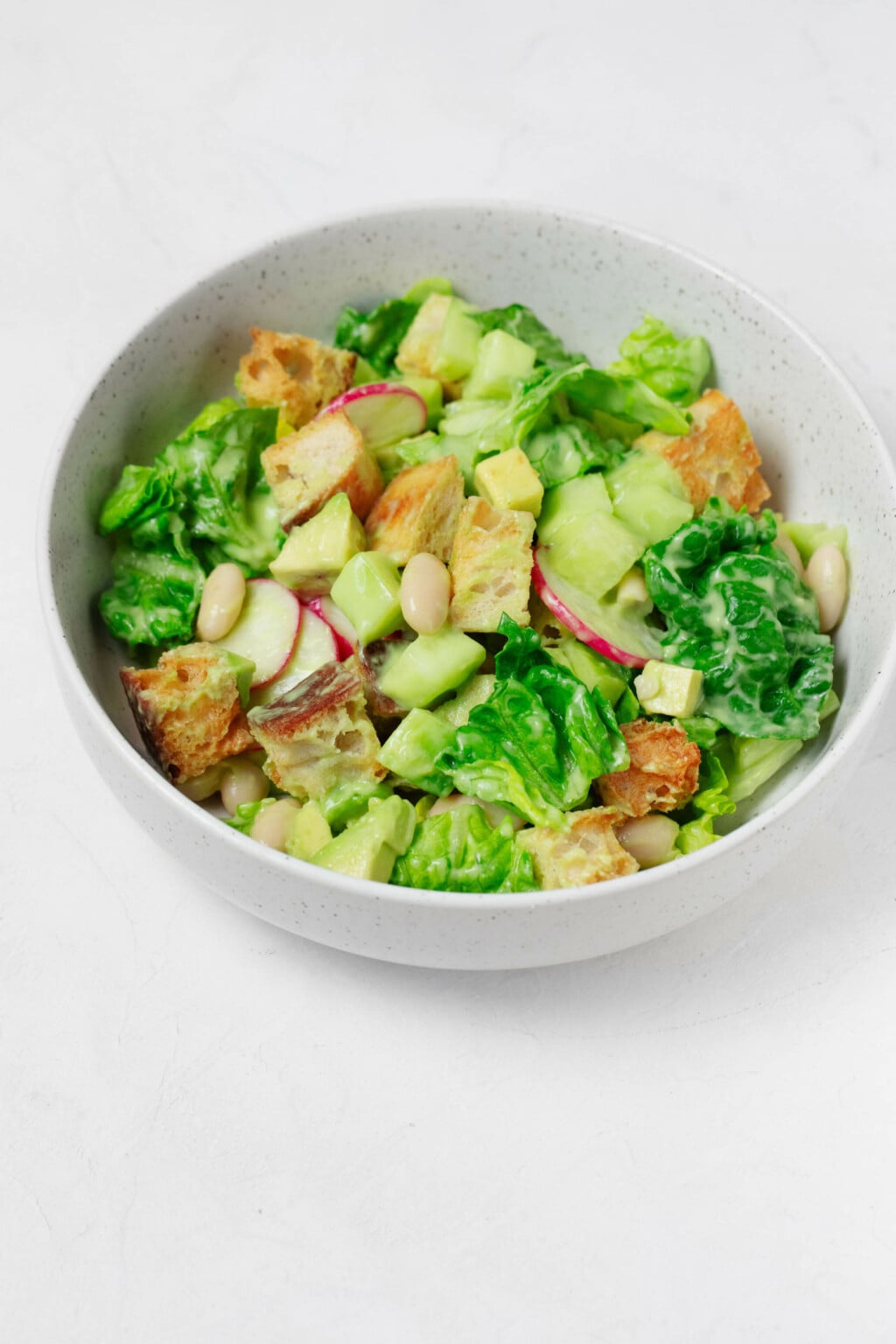 An image of a white bowl, which is filled with lettuces, white beans, radishes, avocado, and a creamy green dressing.