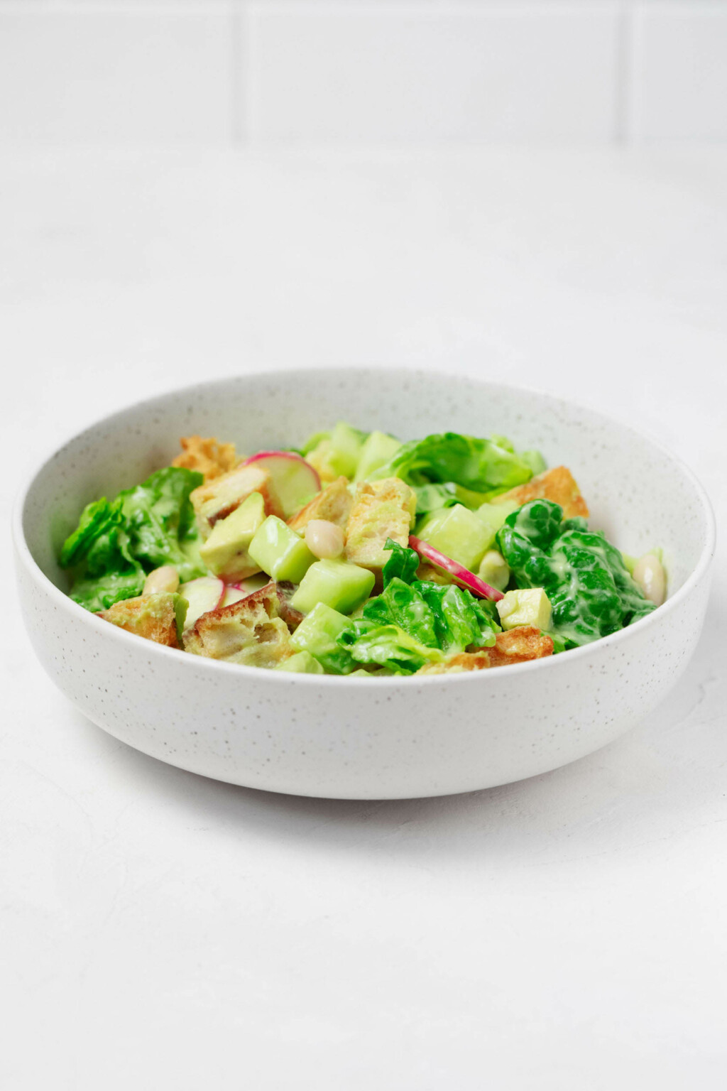 An image of a white bowl, which is filled with lettuces, white beans, radishes, avocado, and a creamy green dressing.