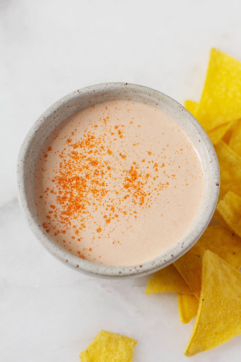 A creamy vegan queso sauce is dusted with smoked paprika and served alongside chips.
