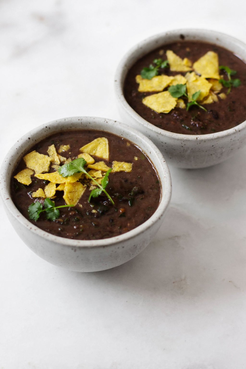 Two small bowls of a spicy vegan black bean soup, made with kale and garnished with cilantro and corn chips.