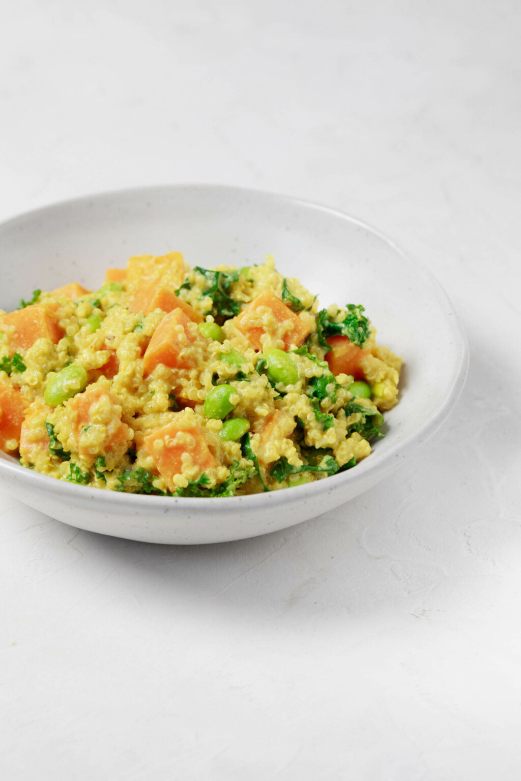 An angled image of a nutritious quinoa, kale, edamame and winter squash mixture with creamy sauce. It rests in a shallow white ceramic bowl. 