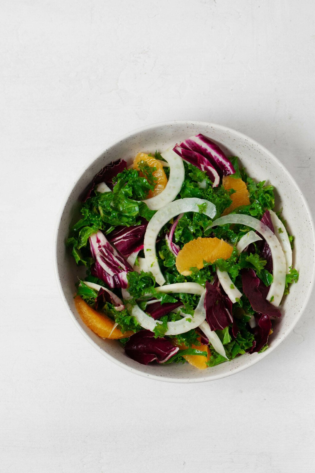 An overhead image of a large white mixing bowl, which is filled with shaved fennel, kale, radicchio, and orange sections.
