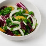 An overhead image of a large white mixing bowl, which is filled with shaved fennel, kale, radicchio, and orange sections.