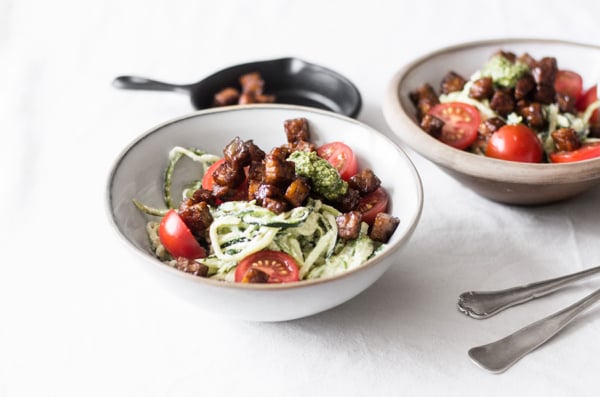 Zucchini Alfredo with Cherry Tomatoes, Basil, and Seared Tempeh | The Full Helping