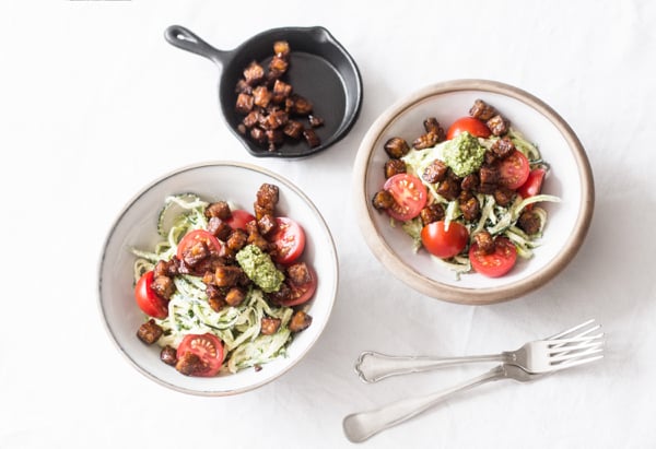 Zucchini Alfredo with Cherry Tomatoes, Basil, and Seared Tempeh | The Full Helping