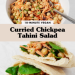 An overhead image of a creamy mixture of chickpeas, raisins, parsley, and grated carrots. Plus, an image of that same mixture, stuffed into a pita pocket.