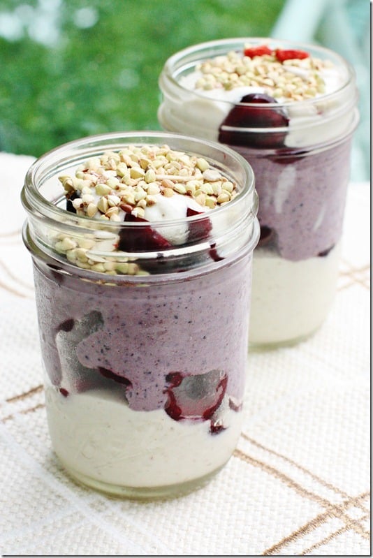 Coconut and Blueberry Coconut Pudding Trifles with Fresh Cherries and Buckwheat Topping