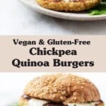 An image of a plump, crispy chickpea quinoa burger, which is piled onto a toasted bun with lettuce, tomato, and a creamy dressing.