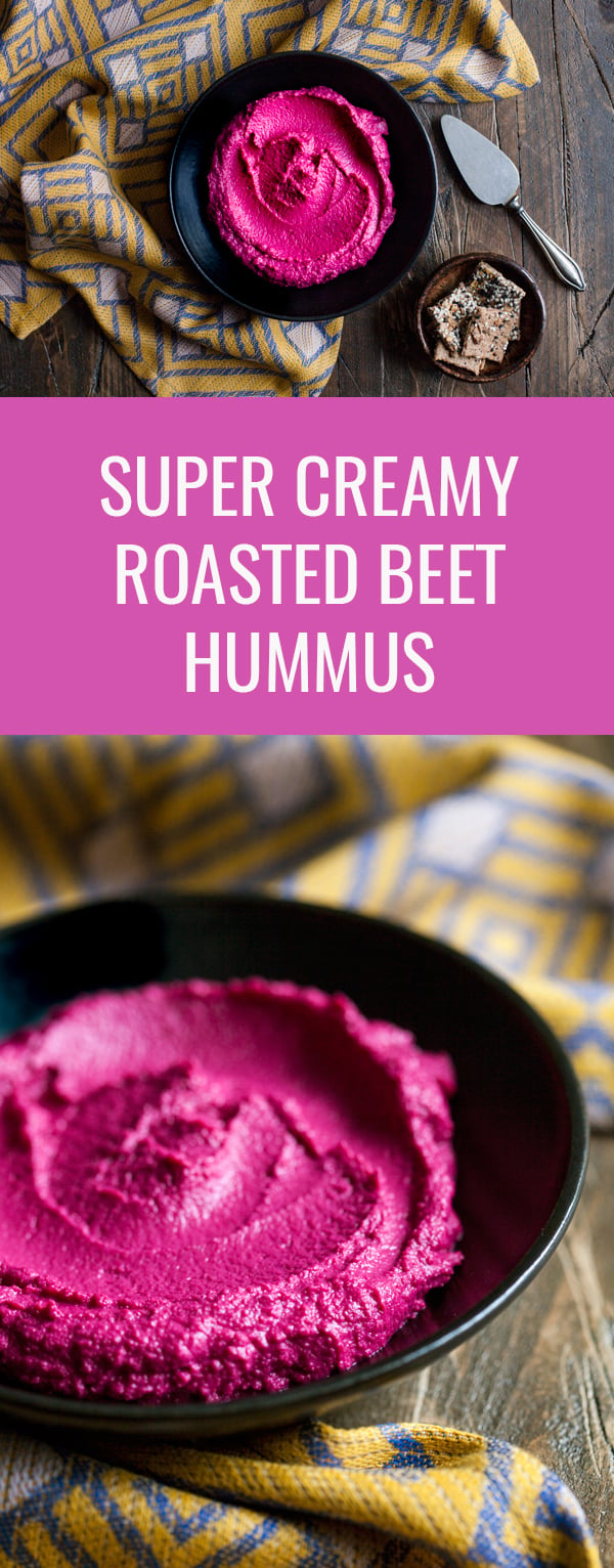 Creamy Roasted Beet Hummus. This hummus has a gorgeous, electric pink color and mildly sweet flavor. Delicious, healthy, and perfect for #vegan snacking | The Full Helping