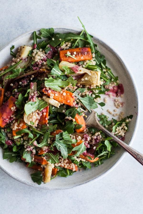 Roasted Carrot Fennel Quinoa Salad with Blueberry Chia Dressing | The Full Helping