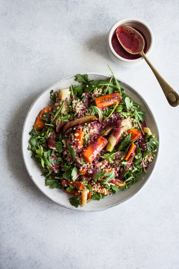 Roasted Carrot Fennel Quinoa Salad with Blueberry Chia Dressing | The Full Helping