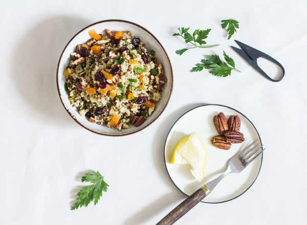 Quinoa Salad with Dried Cranberries, Apricots, Lentils, and Pecans | The Full Helping