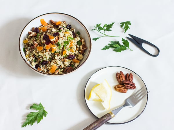 Quinoa Salad with Dried Cranberries, Apricots, Lentils, and Pecans | The Full Helping