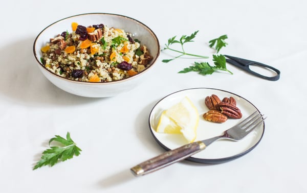 Quinoa Salad with Dried Cranberries, Apricots, Lentils, and Pecans | The Full Helping