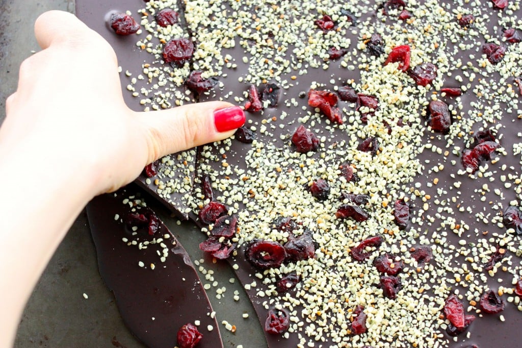 raw chocolate cranberry hemp bark breaking