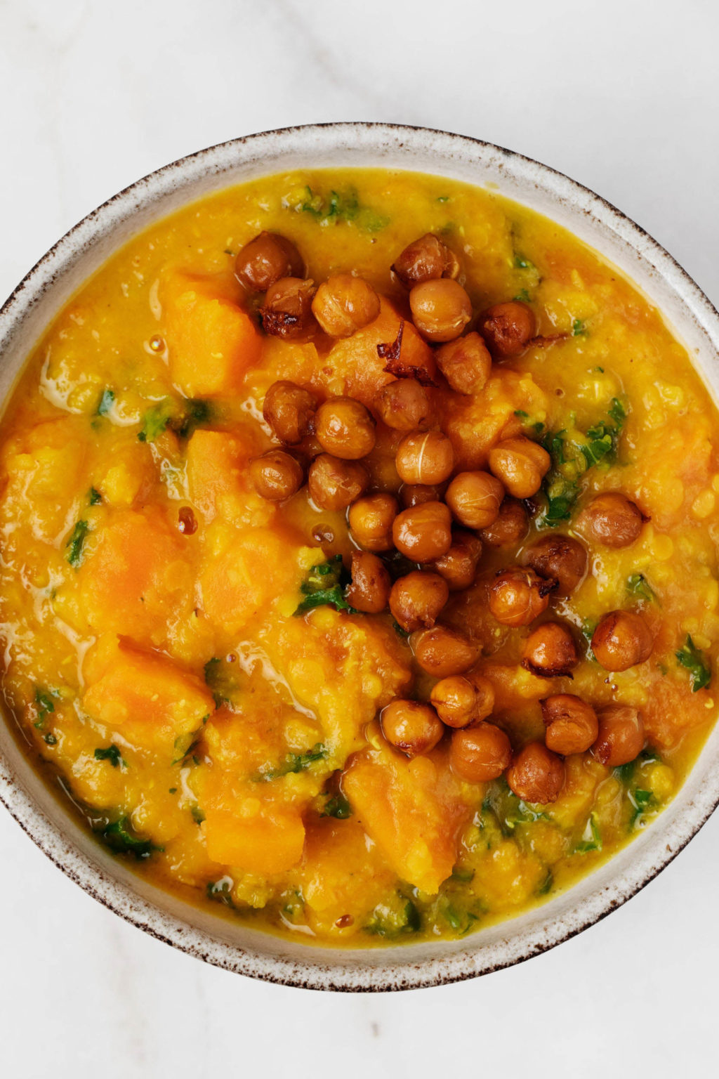 A zoomed in image of crispy chickpeas, which have been used to top a bowl of stewed vegetables and legumes.
