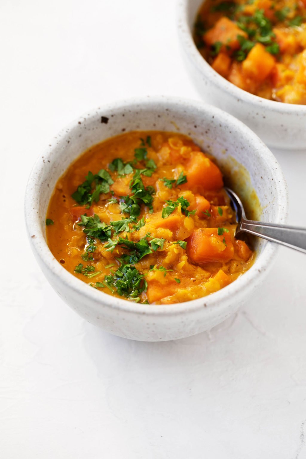 Two small, circular ceramic bowls hold a golden mixture of plant based food that has been topped with chopped cilantro