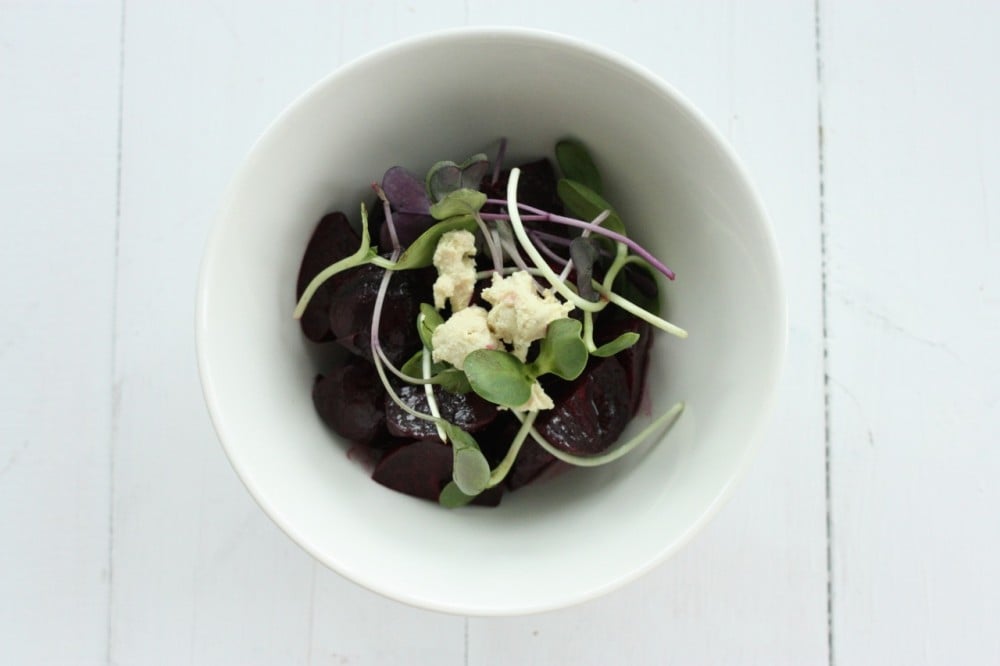 Roasted baby beet salad cashew cheese sprouts
