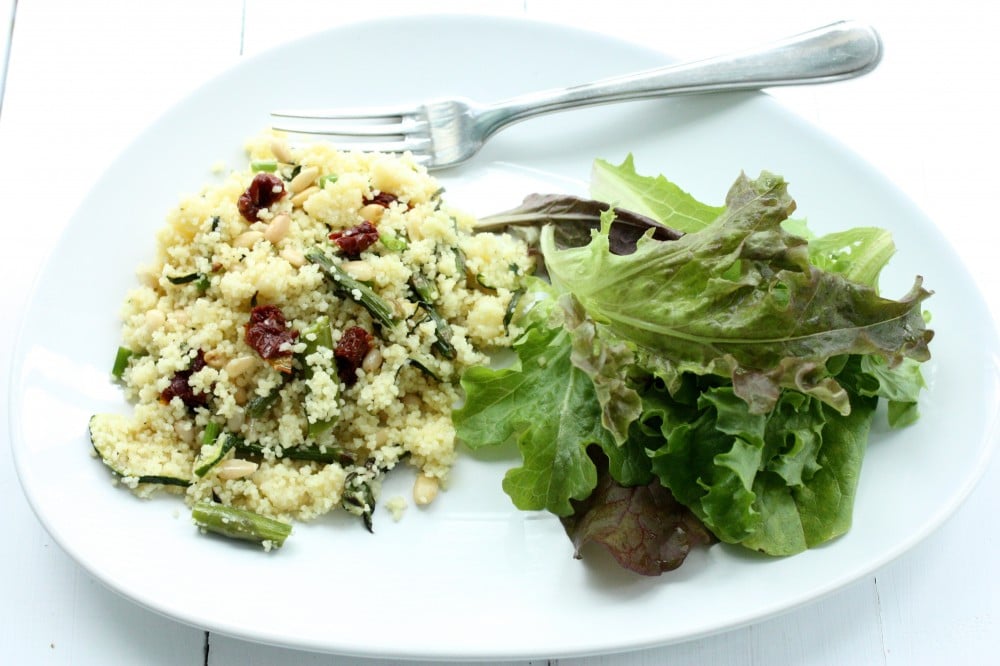 Couscous with Asparagus, Zucchini, Sundried Tomatoes, and Pine Nuts