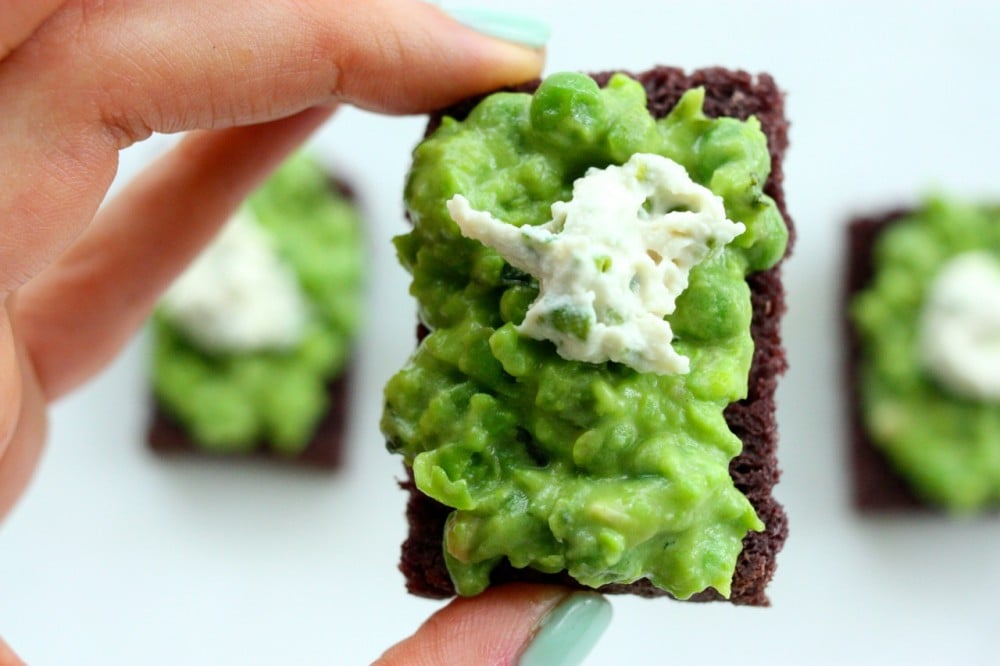 minted pea and cashew cheese crostini