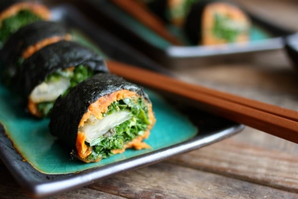 nori rolls with miso sweet potato mash, kimchee, and massaged kale salad // choosing raw