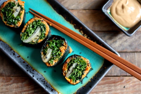 nori rolls with miso sweet potato mash, kimchee, and massaged kale salad // choosing raw