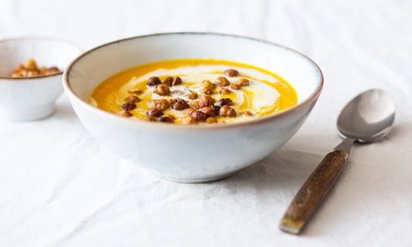 Carrot, Turmeric, and Ginger Soup with Cumin Roasted Chickpeas | The Full Helping