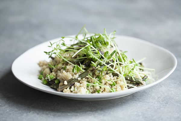Purple Asparagus and Quinoa Salad with Peas and Pea Shoots 