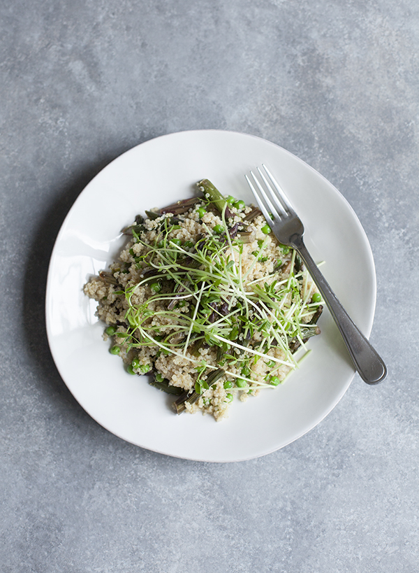 Purple Asparagus and Quinoa Salad with Peas and Pea Shoots