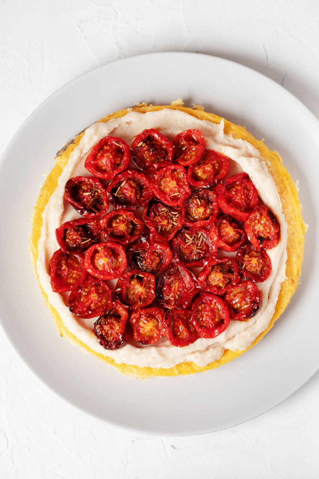 An overhead image of a tomato and polenta tart, which rests on a round, white plate.