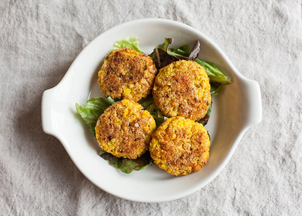 Yellow Split Pea and Millet Cakes with Carrot Miso Sauce 