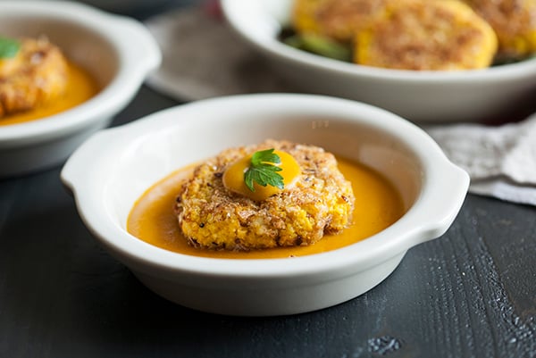 Yellow Split Pea and Millet Cakes with Carrot Miso Sauce 