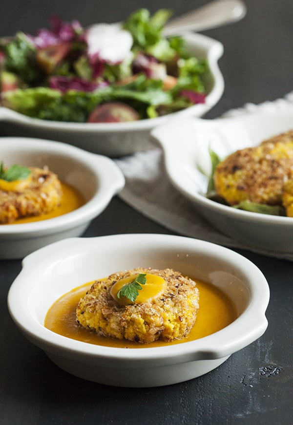 Yellow Split Pea and Millet Cakes with Carrot Miso Sauce