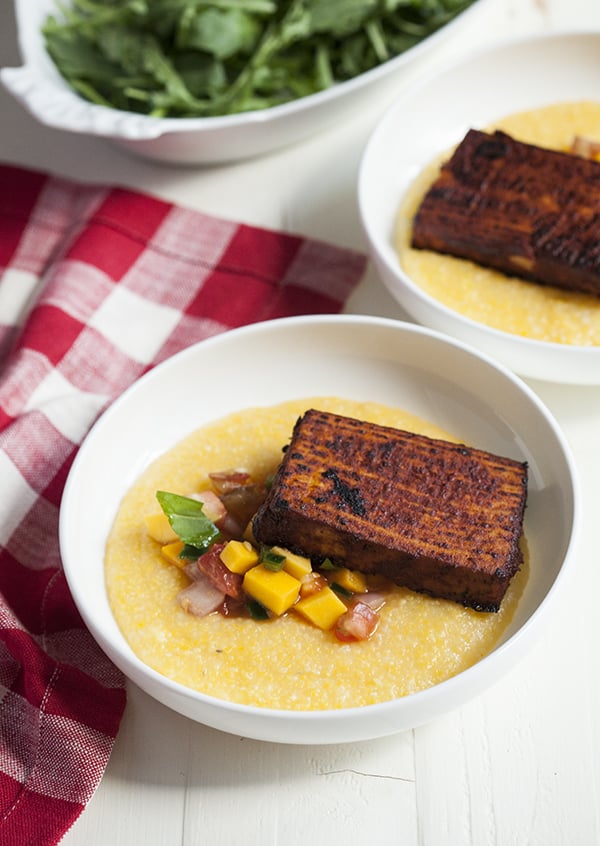creamy polenta with barbecue tofu and mango and heirloom tomato salsa