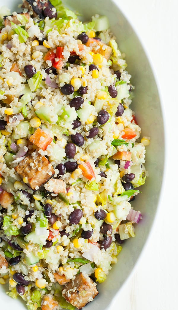 Quinoa, Corn, Black Bean, and Tempeh Salad with Creamy Cilantro Dressing