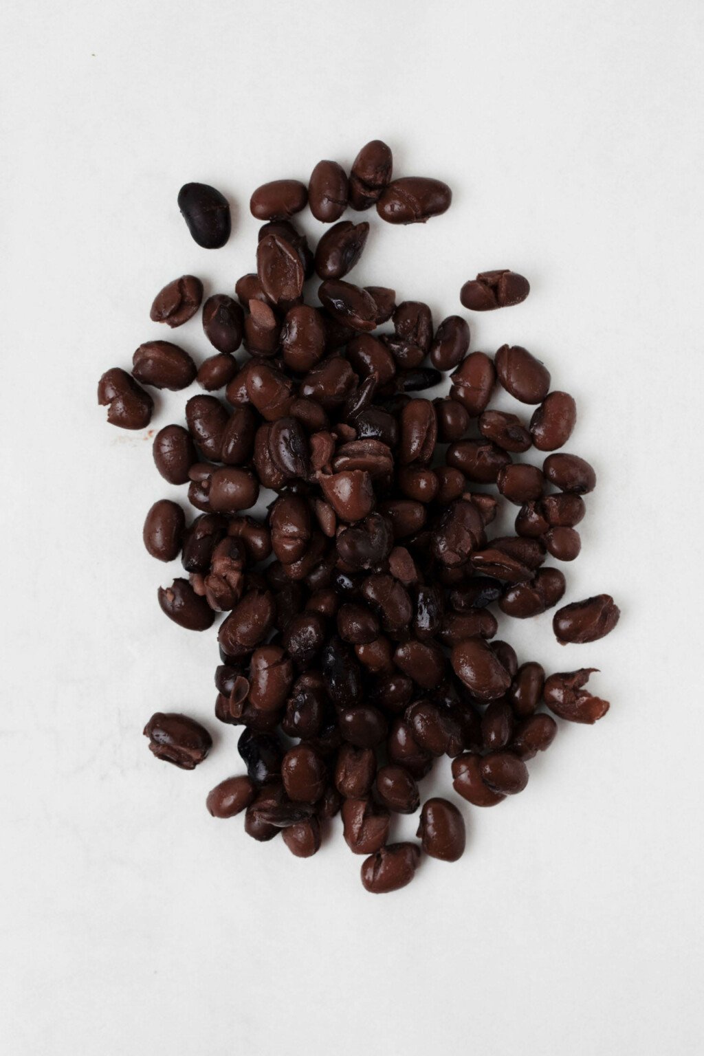 An overhead image of black beans, laid out on a white surface.