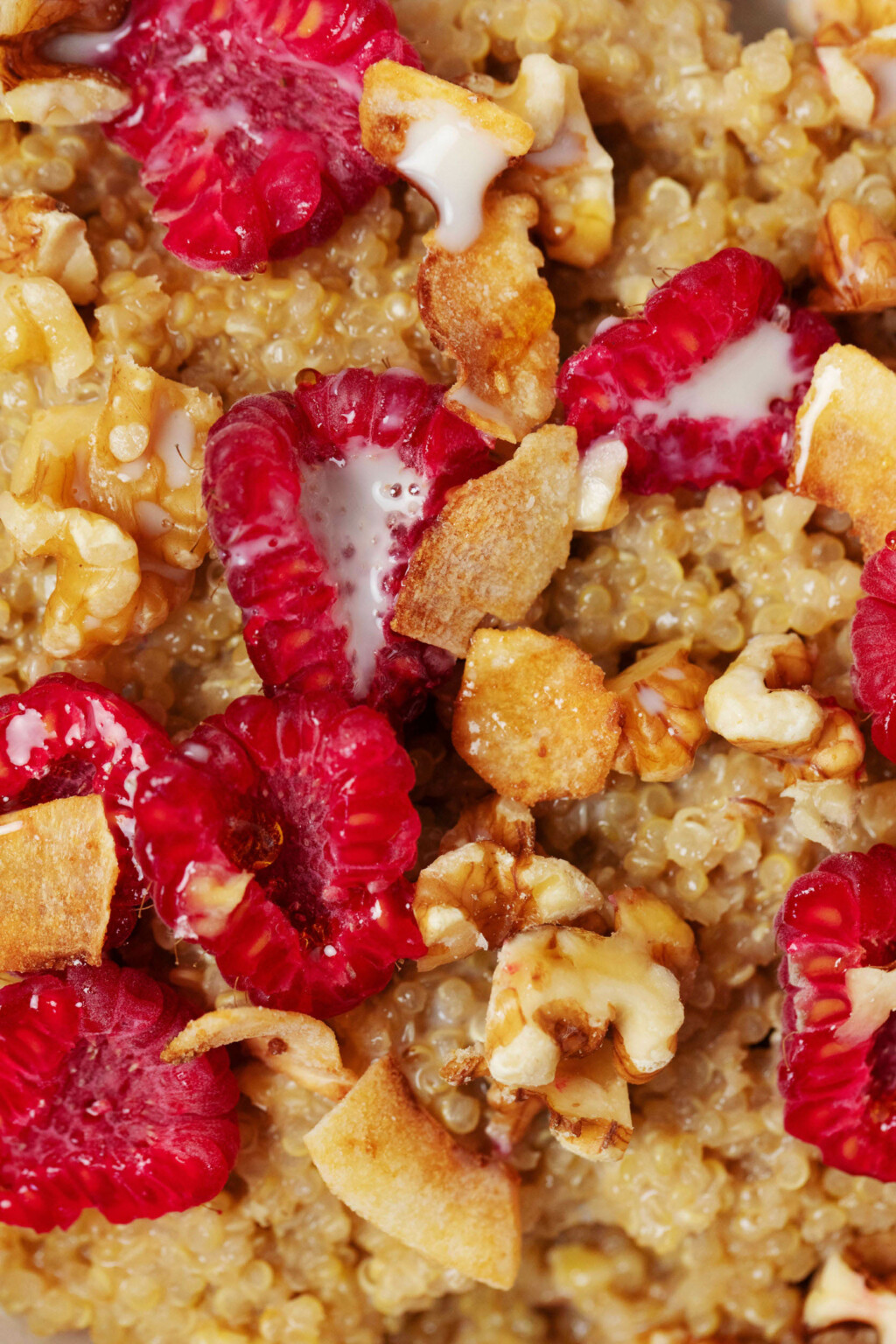 An close-up, overhead image of a warm, whole grain breakfast of quinoa porridge. It's topped with fresh fruit and chopped nuts, as well as coconut flakes. 