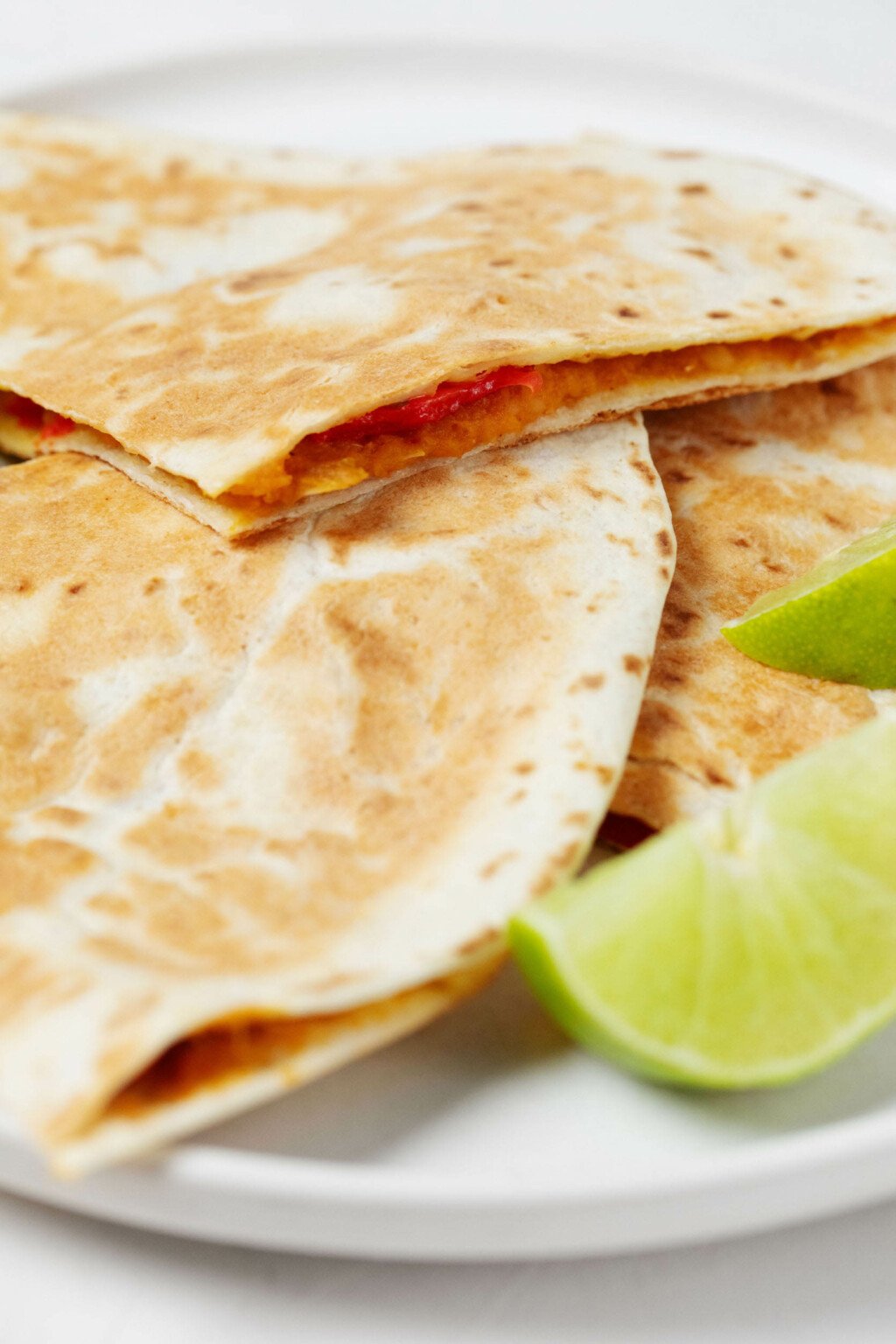 A close-up image of a "sandwich" of two toasted tortillas, with creamy sweet potato, red pepper, and white beans as a filling.