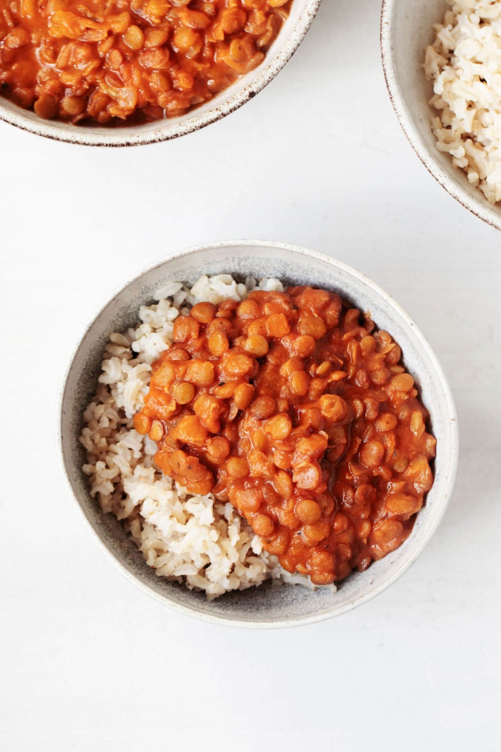 An overhead image of a white, ceramic bowl that has been filled with brown rice and lentils cooked in a red sauce. It rests against a white backdrop.