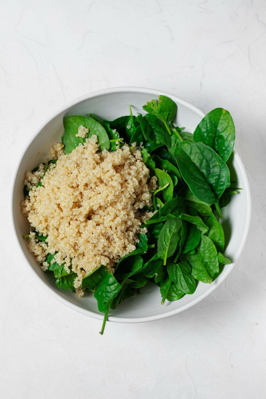 A white bowl is filled with cooked quinoa and baby spinach leaves.
