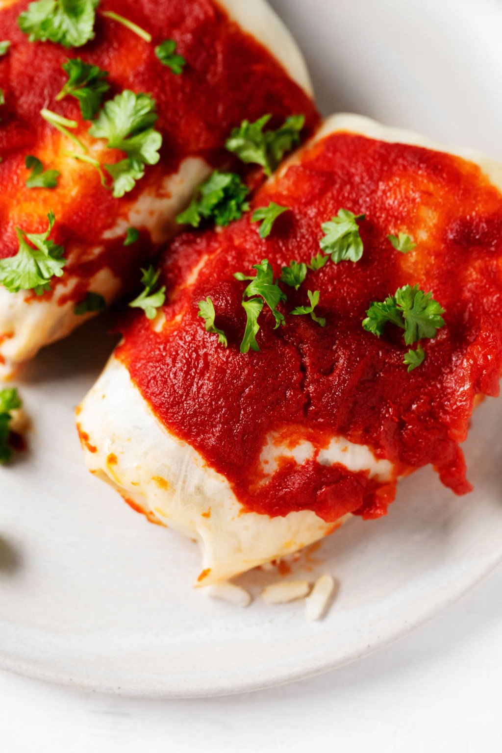 Two stuffed cabbage rolls have been garnished with fresh, chopped parsley and a tomato-based sauce. They're laid out on a white serving plate.