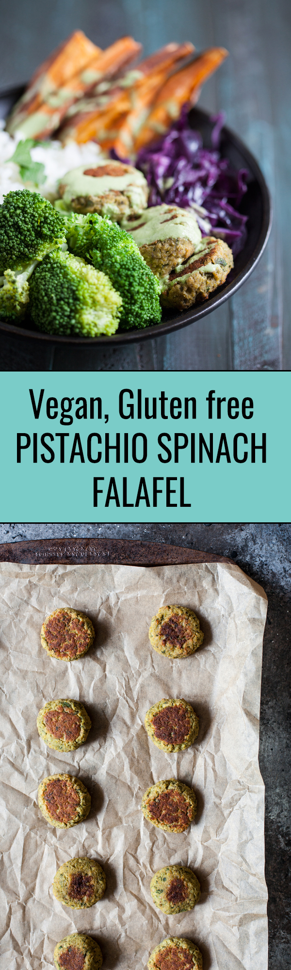 Vegan falafel with a twist: herbs, pistachio nuts, and spinach! Flavorful and healthy, especially drizzled with some green tahini sauce |The Full Helping