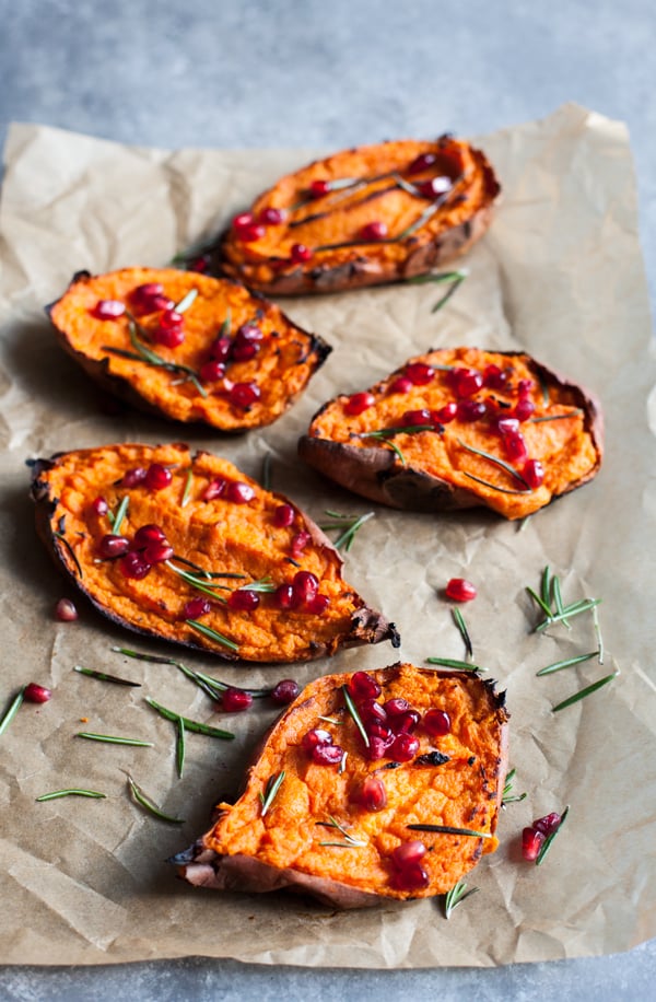 Twice baked, stuffed sweet potatoes with creamy macadamia ricotta: a decadent and festive #vegan side dish! | The Full Helping