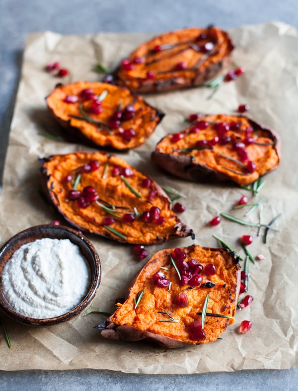 Twice baked, stuffed sweet potatoes with creamy macadamia ricotta: a decadent and festive #vegan side dish! | The Full Helping