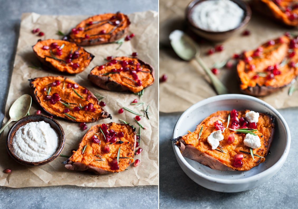 Twice baked, stuffed sweet potatoes with creamy macadamia ricotta: a decadent and festive #vegan side dish! | The Full Helping